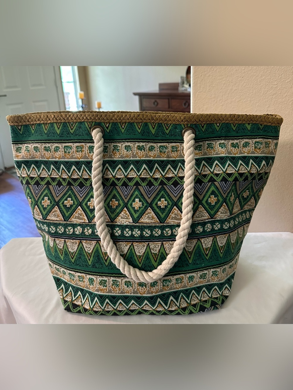 Green Tribal Print Large Tote Bag Zip Top